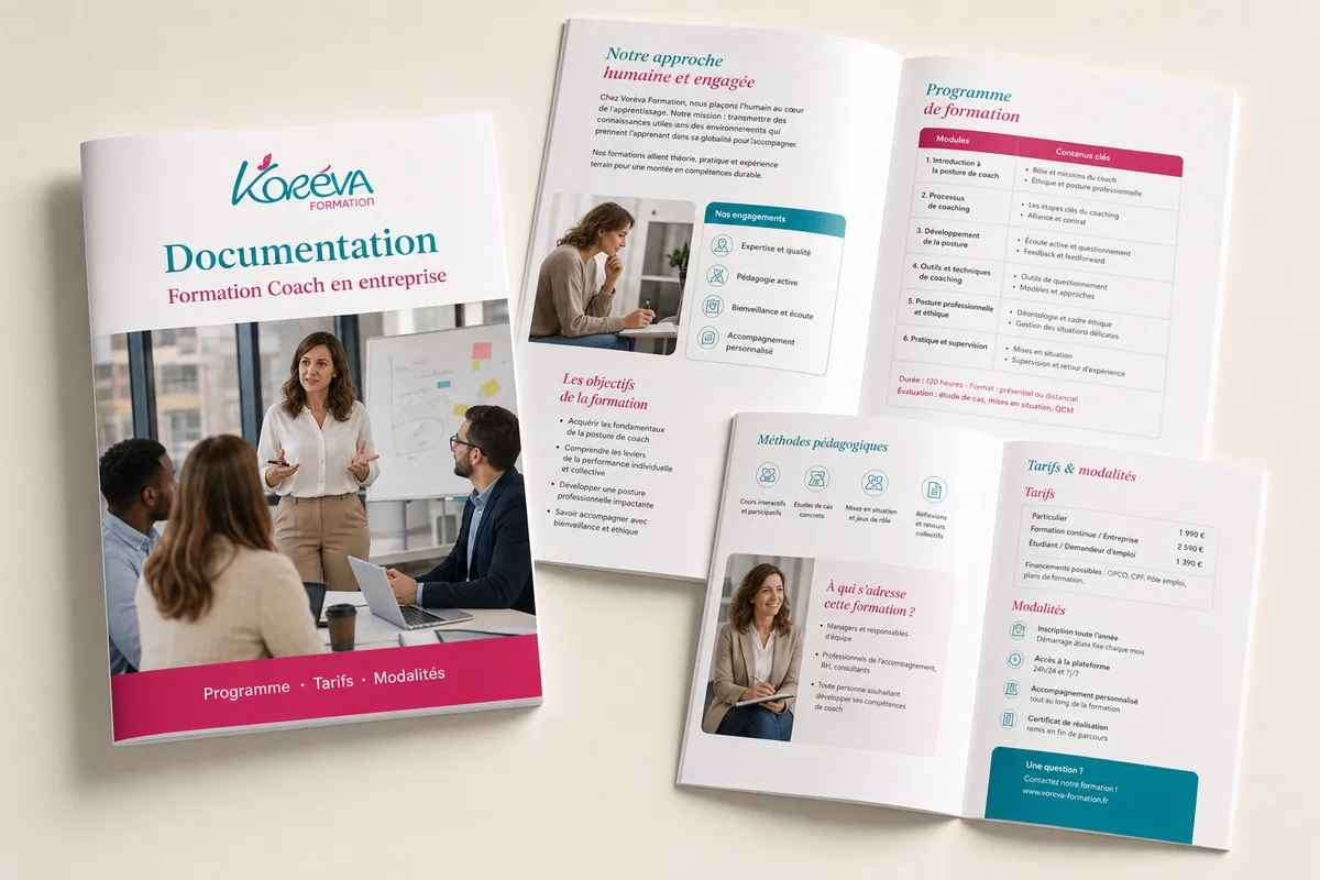 Aperçu de la documentation Koréva — Formation Coach professionnel — spécialisation entreprise : programme, tarifs et modalités