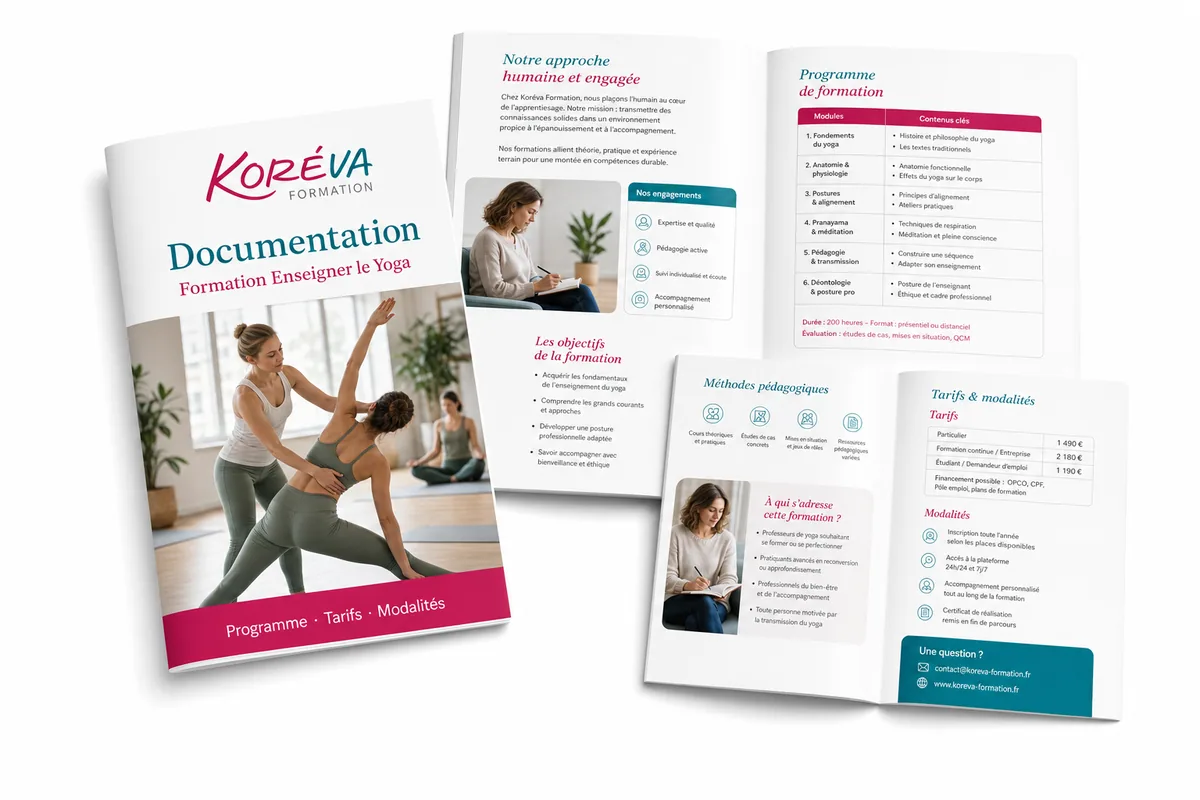 Aperçu de la documentation Koréva — Formation Enseigner le Yoga : programme, tarifs et modalités