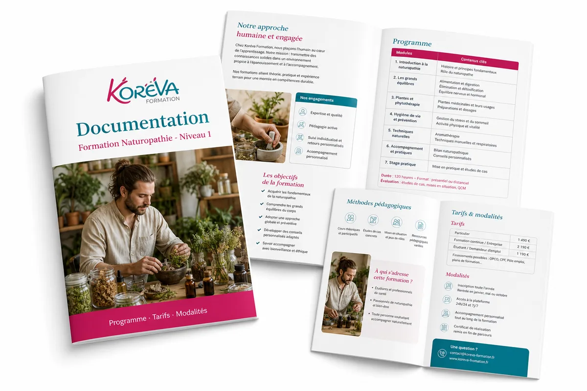 Aperçu de la documentation Koréva — Formation Naturopathie (cursus 1) : programme, tarifs et modalités