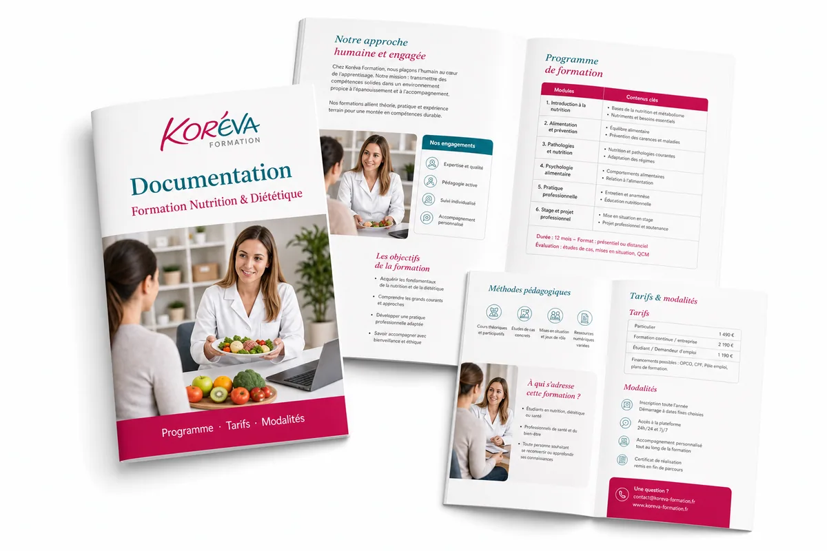 Aperçu de la documentation Koréva — Formation Nutrition et diététique : programme, tarifs et modalités